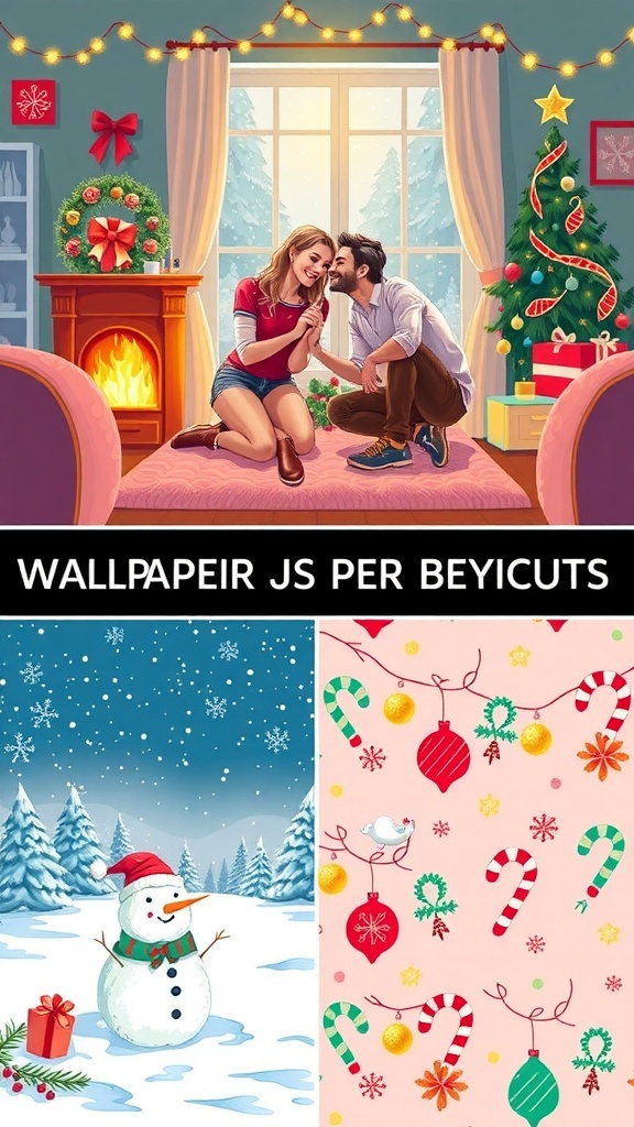 A variety of cute Christmas wallpapers for couples, including cozy scenes and festive motifs.